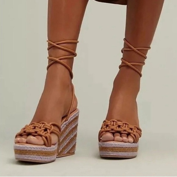 Anthropologie Raffia Platform Brown & Lavender Heeled Wedge Sandals Sz 41 - Picture 1 of 6
